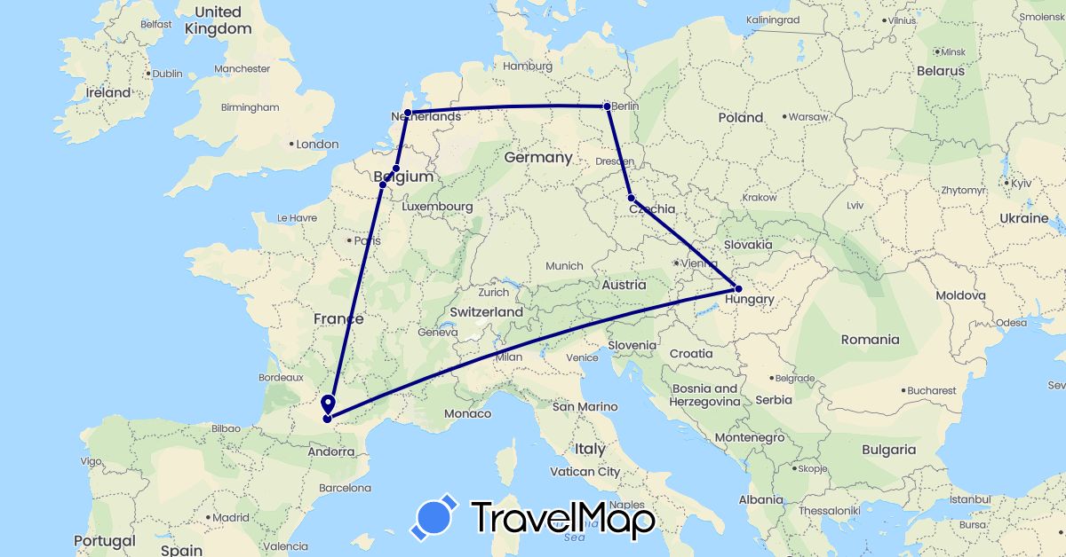 TravelMap itinerary: driving in Belgium, Czech Republic, Germany, France, Hungary, Netherlands (Europe)
